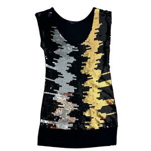 BCBG Maxazria Gold/Silver/Black Sequin Bodycon Party Mini Dress - Black, Size‎ L